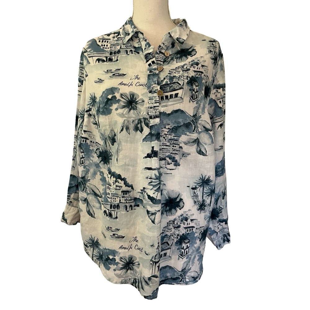 Cynthia Rowley Womens Linen Button Up Top Size 1X Blue Coastal Beachy Resortwear